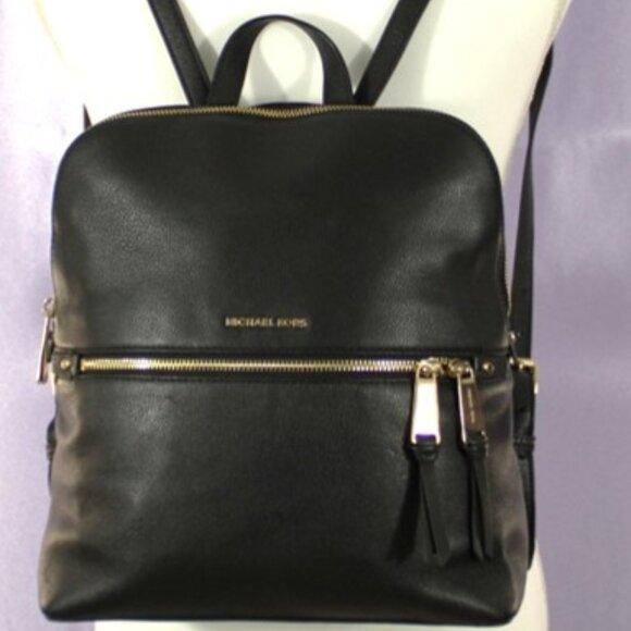 Michael Kors Black Pebbled Leather Backpack Gold Hardware Tassel Zip Medium - Picture 1 of 12